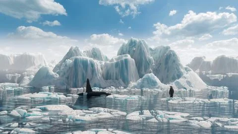A killer whale hunts a penguin among icebergs. 3d realistic illustration. Stock Illustration