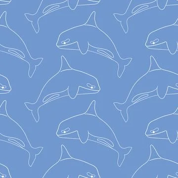 Killer whale seamless pattern in line art style. Underwater animal design for Stock Illustration