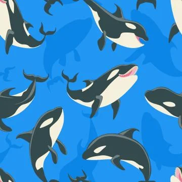 Killer Whales Seamless Pattern, Cute Orca Whale Sea Predatory Fish Vector Illustrazione stock