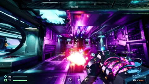 Killing the alien boss to complete the level of a modern sci-fi shooter game Stock-Footage 237848204