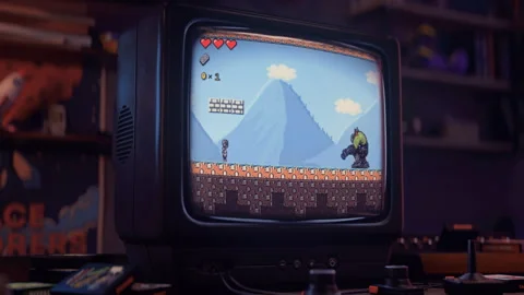 Killing the alien enemy boss monster in the level of a classic console game Stock Footage 280007079