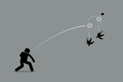 Killing two birds with one stone. Vector artwork depicts a man throwing a roc Stock Illustration