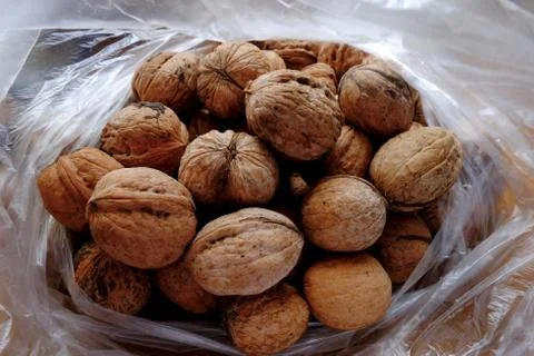 A kilogram of nuts in a plastic bag dries under a canopy Stock Photos