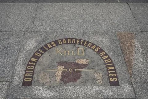 Kilometer zero at the square of the Door of the Sun in the center of Madrid. Stock Photos