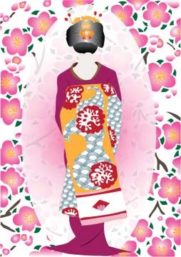 Kimono pattern Cherry Blossom or Sakura flower background - girl wearing japa Stock Illustration