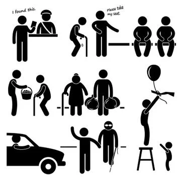 Kind Good Hearted Man Helping People Stick Figure Pictogram Icon Illustrazione stock