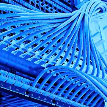 ..kind of wiring closet patch panels with 6-th category in the background Stock-Fotos