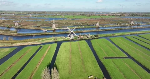 The Kinderdijk windmills are nineteen windmills in the northwest of the Stock Footage 222809670