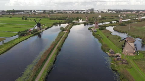 Kinderdijk windmills the Netherlands, Drone-shot Stock Footage 141364092