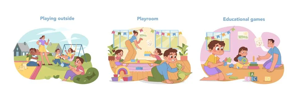Kindergarten activities set. Flat vector illustration Ilustración de archivo