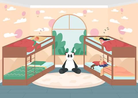 Kindergarten bed time flat color vector illustration Stock Illustration