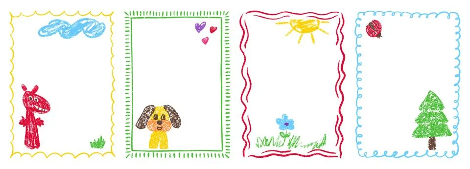Kindergarten border box and frame crayon pastel with kid pencil text. Drawn Illustrazione stock