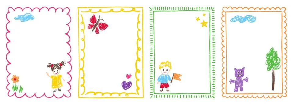 Kindergarten border box for frame crayon pastel and kid pencil text. Drawn Stock Illustration