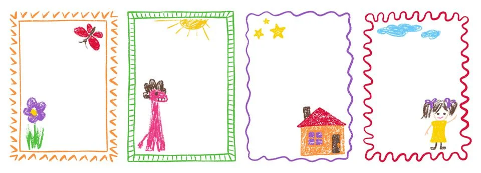 Kindergarten border box for frame crayon pastel and kid pencil text. Drawn Stock Illustration