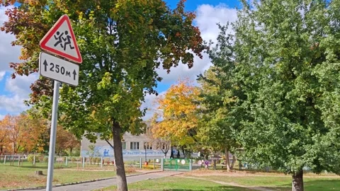Kindergarten Building in Autumn Street Vídeos de archivo 347042353