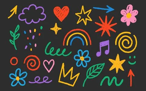 Kindergarten chalk element. Crayon scribble rainbow icon and sunshine elements Illustrazione stock