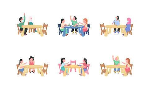 Kindergarten children sitting at table flat color vector faceless characters  Illustrazione stock