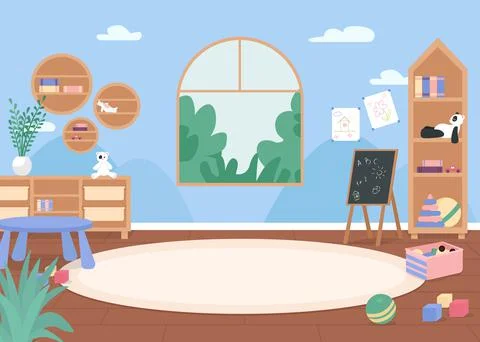 Kindergarten classroom flat color vector illustration Stock Illustration