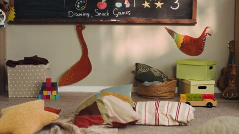 Kindergarten Classroom Interior with Alphabet Flashcards and Chalkboard Stock Footage 332322332