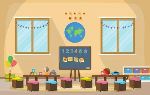 Kindergarten Classroom Interior Children Kids School Toys Furniture Vector Il Stock Illustration