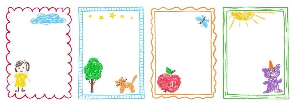 Kindergarten crayon box for border frame pastel and kid pencil text. Drawn Stock Illustration