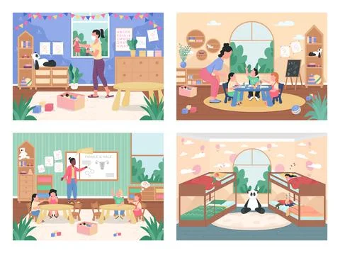 Kindergarten daily routine flat color vector illustration set Stock Illustration