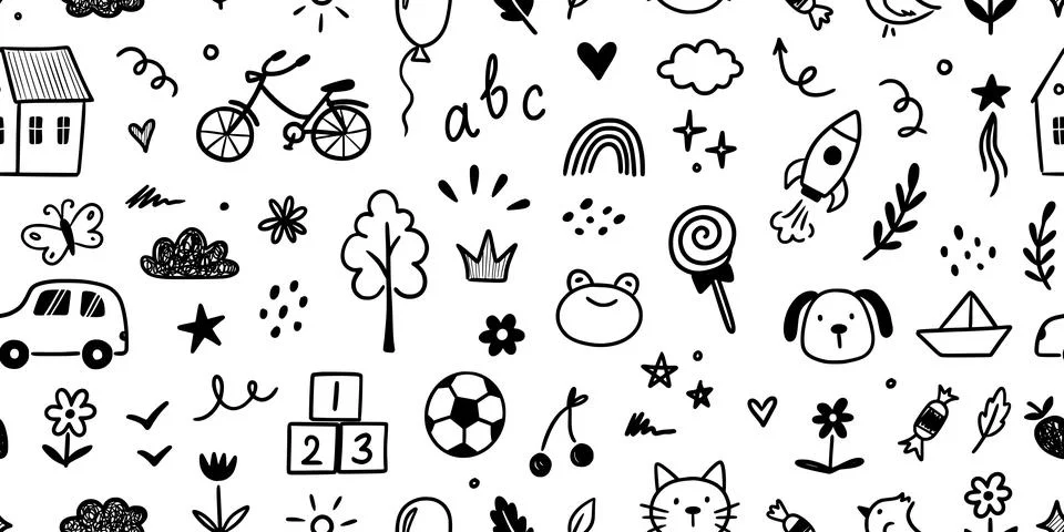 Kindergarten doodle vector background. Hand drawn doodle style children cute Stock Illustration