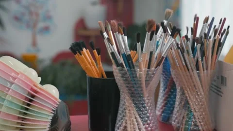 Kindergarten drawing supplies close up Stock Footage 197533997