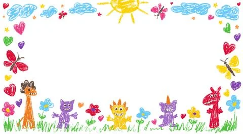 Kindergarten frame crayon and box border pastel with kid pencil text. Drawn Stock Illustration