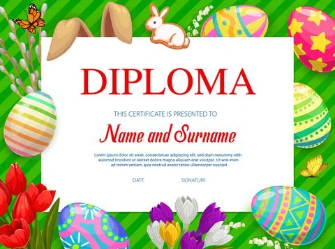 Kindergarten kids diploma with vector Easter eggs Stock Illustration