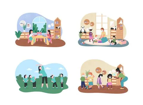 Kindergarten lessons 2D vector web banner, poster set Stock Illustration