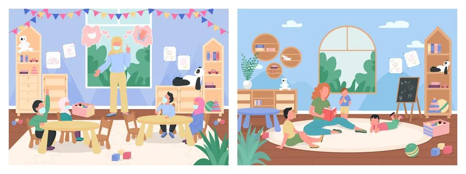 Kindergarten lessons flat color vector illustration set Stock Illustration