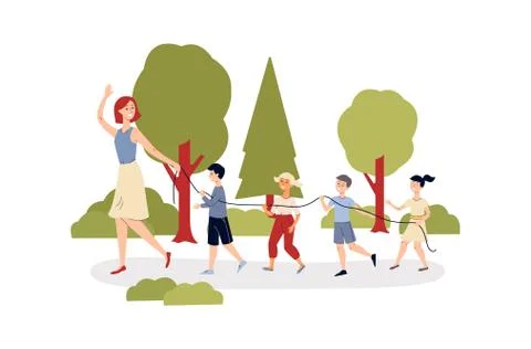 KIndergarten or elementary school on walk, flat vector illustration isolated. Stock Illustration