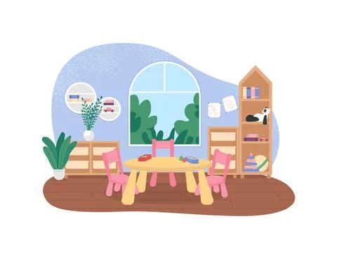 Kindergarten tables for mealtime 2D vector web banner, poster Stock Illustration