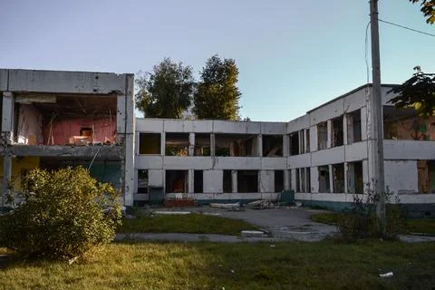 The kindergarten was destroyed by the shelling of the russians Stock Photos