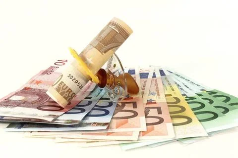 Kindergeld viele bunte Euroscheine auf einem Stapel mit Nuckel Copyright: ... Stock Photos
