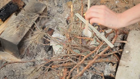 Kindling of fire from branches and leaves in a dry forest Stockbeeldmateriaal 93900666