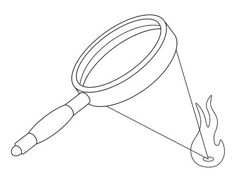 Kindling fire with a magnifying glass - vector linear illustration for coloring. Stock Illustration