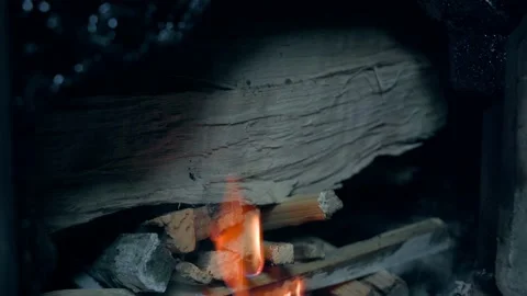 Kindling a fire in the stove close-up in winter. Heating the room with wood Stock Footage 201523976