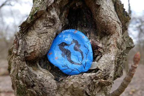 Kindness rock with two silhouetted seahorses kissing hidden in tree Stock Photos