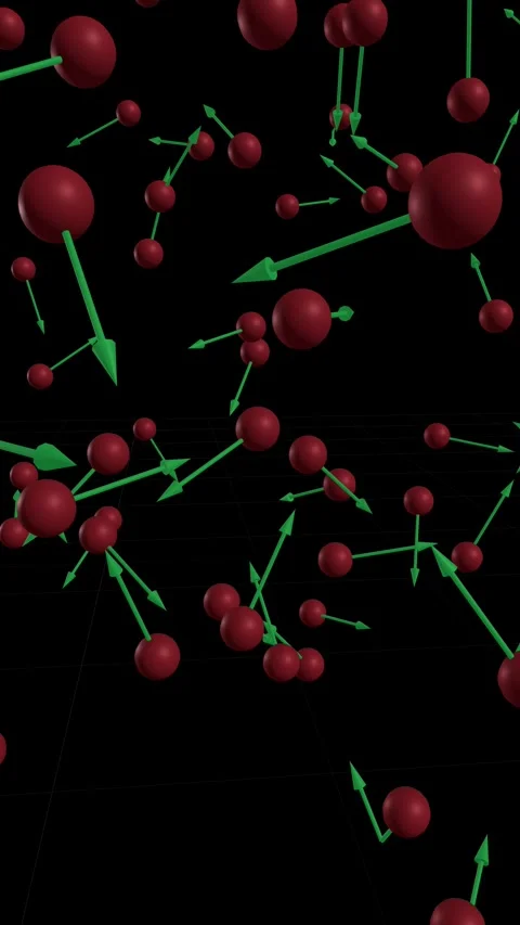 Kinetic Particle Simulation with Red Spheres and Green Vector Arrows Stock Footage 327846210