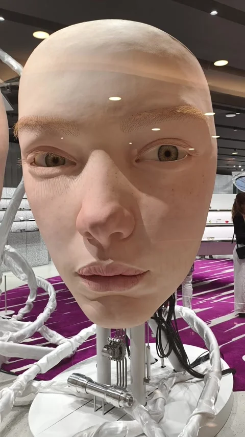 A kinetic robotic head sculpture with hyper-realistic human facial features Stock Footage 345335148