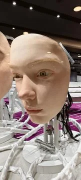 A kinetic robotic head sculpture with hyper-realistic human facial features Stock Photos