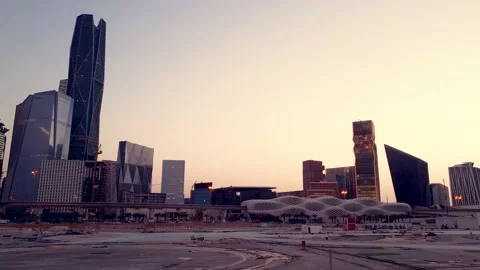 King Abdullah Financial District in Riyadh at sunset in Saudi Arabia Stock Footage 197371564