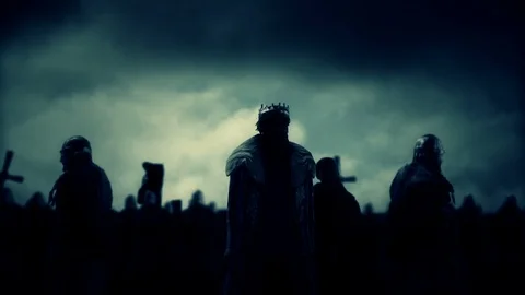 King and a Catholic Priest Preparing for Battle with Big Army Stock Footage 113932334