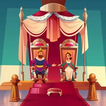 King and queen sitting on thrones in palace. Royal Illustrazione stock