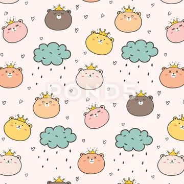 King Bear Pattern Background For Kids. Vector Illustration. Stock Illustration