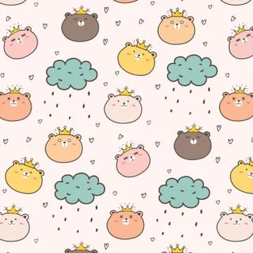 King Bear Pattern Background For Kids. Vector Illustration. Stock Illustration