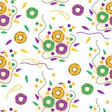 King Cake seamless pattern. Festive donuts on plate with colorful icing, be.. 스톡 일러스트