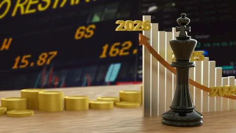 The King Chess and Chart 2026 for Business concept 3d Rendering. Stock Illustration